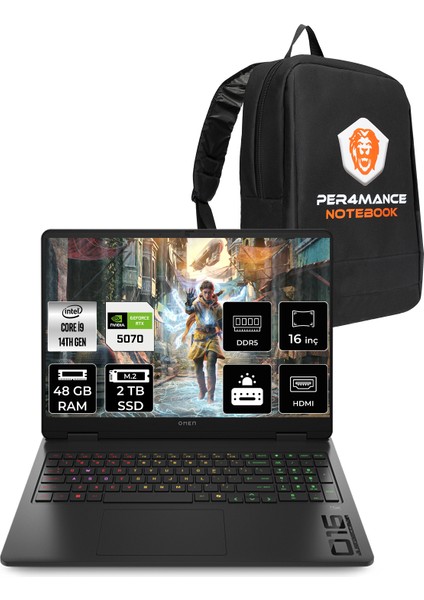 Omen 16 Intel Core I9 14900HX 48GB 2tb SSD RTX5070/8GB 16" Fhd+ 165Hz Fdos Taşınabilir Bilgisayar & Per4 Çanta BQ3Q6EAPN329
