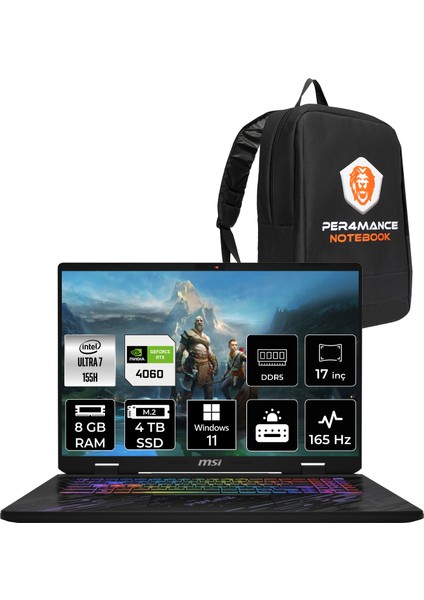 Pulse 17 Aı Intel Core Ultra 7 155H 8gb 4tb SSD RTX4060/8GB 140W 17" Fhd+ 165Hz W11H Taşınabilir Bilgisayar & Per4 Çanta C1VFKG083XTRP345