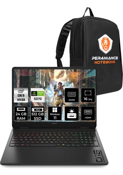 Omen 16 Intel Core I9 14900HX 24GB 512GB SSD RTX5070/8GB 16" Fhd+ 165Hz W11P Taşınabilir Bilgisayar & Per4 Çanta BQ3Q6EAPN392