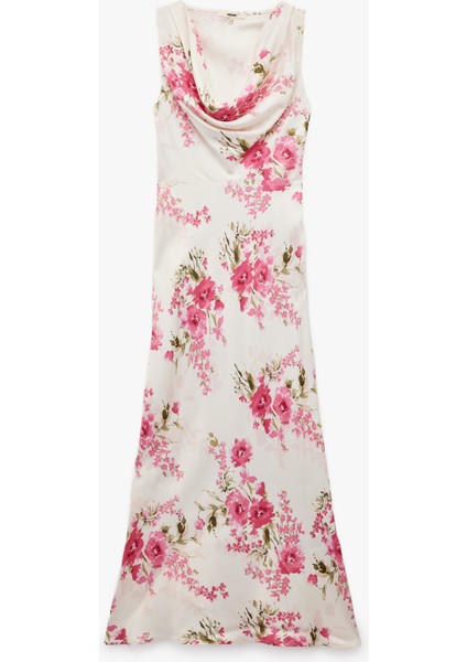 Viskon Kumaş Degaje Yaka Kolsuz Midi Boy Çiçekli Saten Elbise modelleri