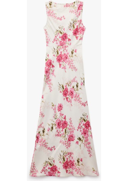 Viskon Kumaş Degaje Yaka Kolsuz Midi Boy Çiçekli Saten Elbise fırsatları