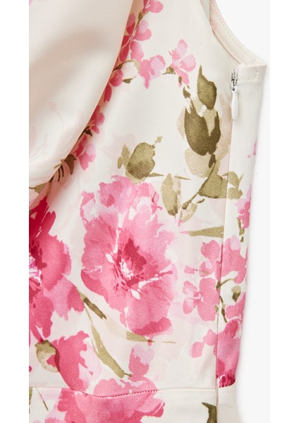 Viskon Kumaş Degaje Yaka Kolsuz Midi Boy Çiçekli Saten Elbise