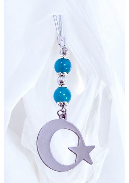 Turkuaz Doğal Taşlı Ay Yıldız Araba Dikiz Ayna Süsü, Yeni Araba Hediyesi