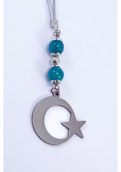 Turkuaz Doğal Taşlı Ay Yıldız Araba Dikiz Ayna Süsü, Yeni Araba Hediyesi