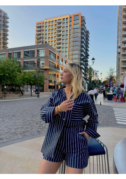 Kadın Gömlek Şort Takım Mavi