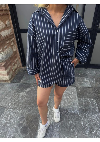 Kadın Gömlek Şort Takım Mavi modelleri