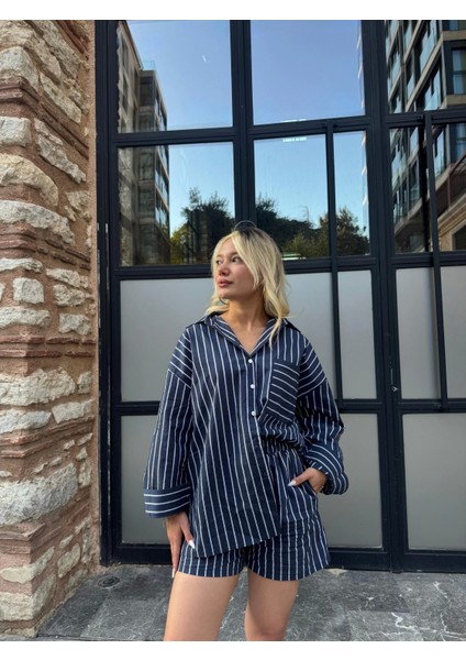 Kadın Gömlek Şort Takım Mavi indirimleri