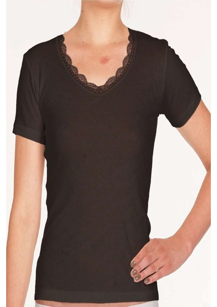 2'li Paket Kadın Pamuklu Transfer Ri̇bana V-Yaka Kısa Kollu Dantelli̇ Atlet Fanila