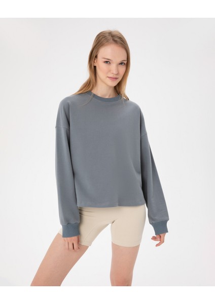 Kadın Mavi Basic EasySize Sweatshirt - Uzun Kollu, Basic Fit, Sertifikalı Organik Pamuk, Günlük ve Spor Sweat