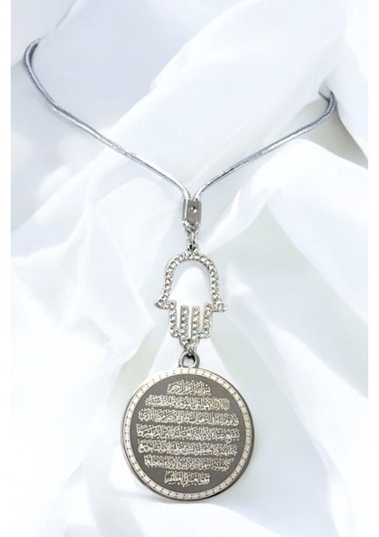 Parlak Taş Hamseli Gümüş Renk Çelik Çift Taraflı Ayetel Kürsi Felak Nas Ihlas Araba Ayna Süsü