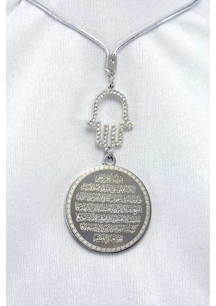 Parlak Taş Hamseli Gümüş Renk Çelik Çift Taraflı Ayetel Kürsi Felak Nas Ihlas Araba Ayna Süsü modelleri