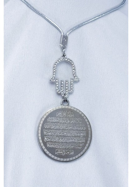 Parlak Taş Hamseli Gümüş Renk Çelik Çift Taraflı Ayetel Kürsi Felak Nas Ihlas Araba Ayna Süsü