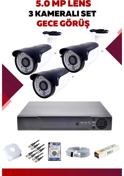 3 Kameralı Set - 5mp Sony Lensli Full Hd Gece Görüşlü Güvenlik Kamerası Sistemi - WG5IR4VRH6