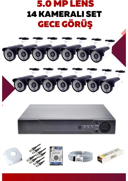 14 Kameralı Set - 5mp Sony Lensli Full Hd Gece Görüşlü Güvenlik Kamerası Sistemi - UGMBB0GXSC