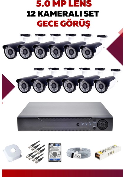12 Kameralı Set - 5mp Sony Lensli Full Hd Gece Görüşlü Güvenlik Kamerası Sistemi - G6YL4YLV8C