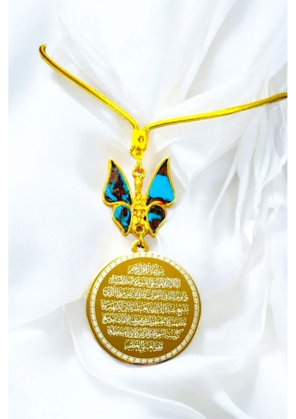 Mavi Siyah Mineli Kelebek Çelik Çift Taraflı Ayetel Kürsi, Felak Nas Ihlas Dikiz Ayna Süsü