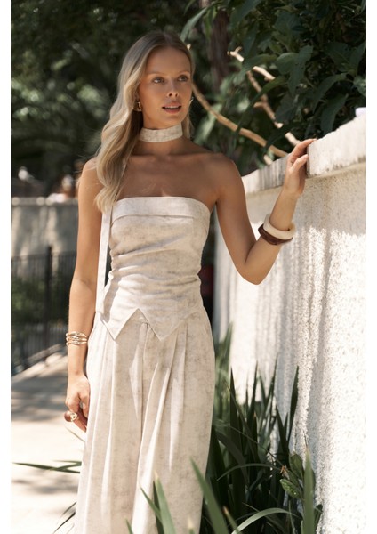 Bhioctoria Bej Straplez Crop Pantolon Takım