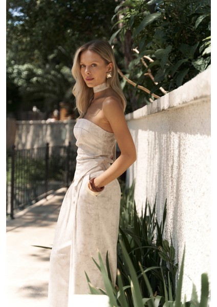 Bhioctoria Bej Straplez Crop Pantolon Takım