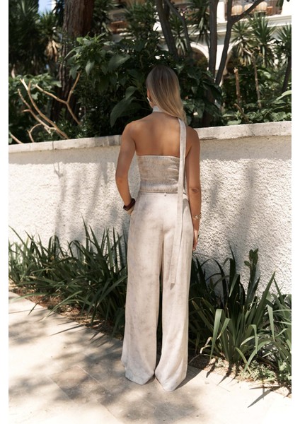 Bhioctoria Bej Straplez Crop Pantolon Takım