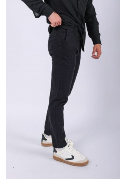 Erkek Pamuklu Keten Siyah Pantolon