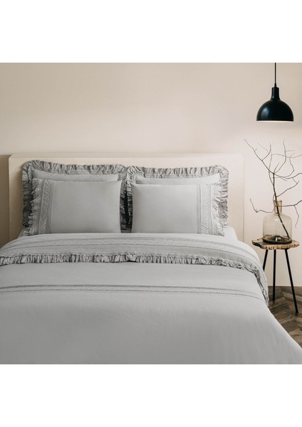 Adelya Çift Kişilik Nevresim Takımı %100 Organik Pamuk Keten Brodeli Gri 200X220 cm
