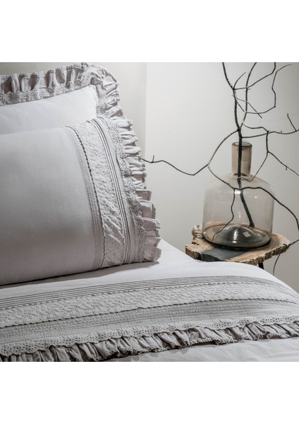 Adelya Çift Kişilik Nevresim Takımı %100 Organik Pamuk Keten Brodeli Gri 200X220 cm fırsatları
