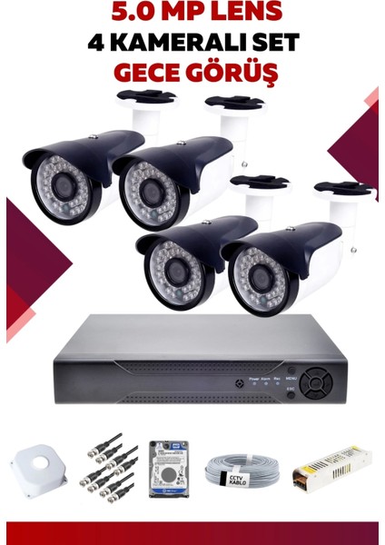 4 Kameralı Set - 5mp Sony Lensli Full Hd Gece Görüşlü Güvenlik Kamerası Sistemi - G4AAELPDVO