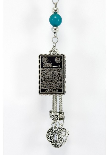 Turkuaz Doğal Taşlı Salkım Ay Yıldız Metal Ayetel Kürsi Araba Dikiz Ayna Süsü, Yeni Araba Hediyesi