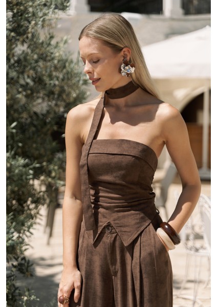 Bhioctoria Kahve Straplez Crop Pantolon Takım