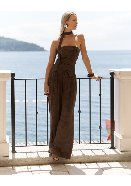 Bhioctoria Kahve Straplez Crop Pantolon Takım