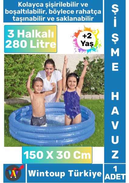 Kompakt Dayanıklı Güvenli Eğlenceli Ev Bahçe Teras 280 Litre +2 Yaş 3 Halkalı Şişme Çocuk Havuzu