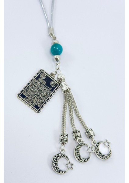 Turkuaz Doğal Taşlı Salkım Ay Yıldız Metal Ayetel Kürsi Araba Dikiz Ayna Süsü, Yeni Araba Hediyesi