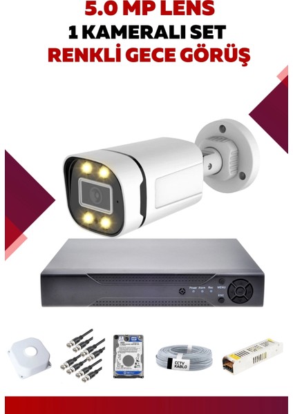 1 Kameralı Set - 5mp Sony Lensli Full Hd Gece Görüşlü Güvenlik Kamerası Sistemi - 16BCONFZGB