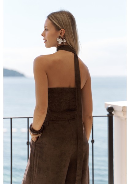Bhioctoria Kahve Straplez Crop Pantolon Takım