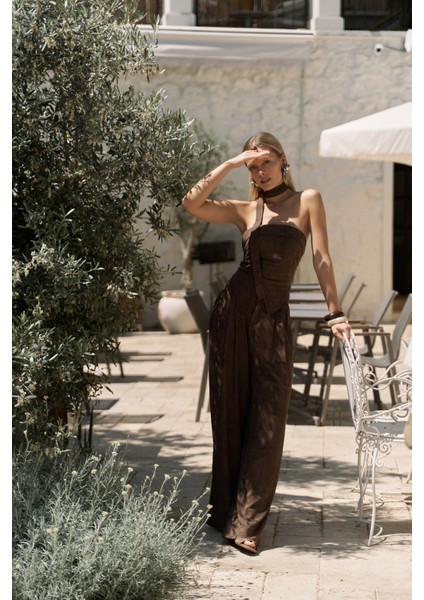 Bhioctoria Kahve Straplez Crop Pantolon Takım