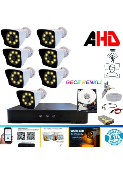 7 Kameralı 5mp Lens 1080P Warm LED Gece Renkli 4 Tb HDD Dahil Güvenlik Seti - 274W