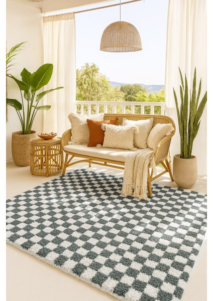 Chess Dama Desenli Kemik-Füme Salon Oturma Odası Yatak Odası Koridor Makine Halısı Yolluk Shaggy