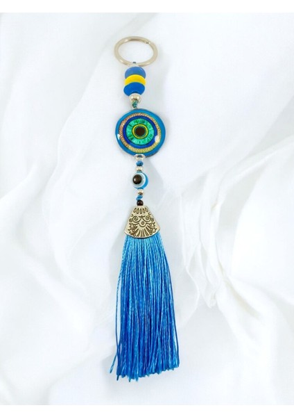 Mavi Epoksi Nazar Boncuklu Gösterişli Anahtarlık, El Yapımı Hediyelik Aksesuar Araba Süsü