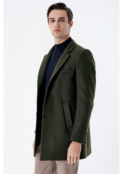 Koyu Haki Kaşe Mono Yaka Kapitoneli Astar Slim Fit Dar Kesim Klasik Kaban 1008235171