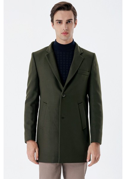 Koyu Haki Kaşe Mono Yaka Kapitoneli Astar Slim Fit Dar Kesim Klasik Kaban 1008235171