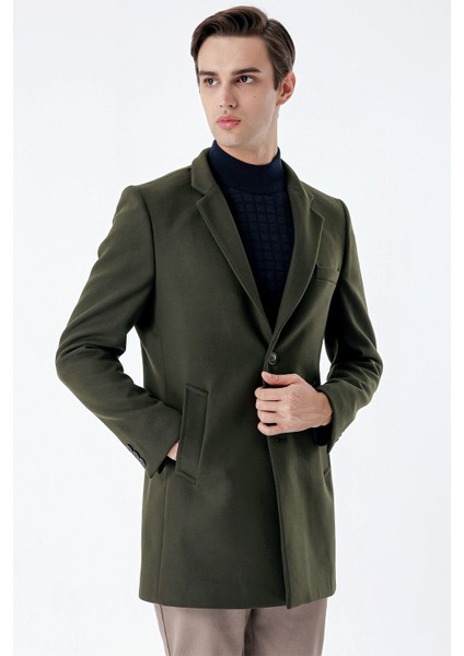 Koyu Haki Kaşe Mono Yaka Kapitoneli Astar Slim Fit Dar Kesim Klasik Kaban 1008235171