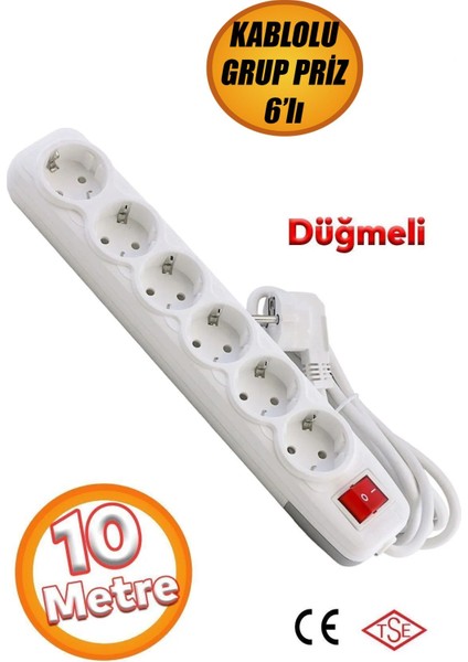6'lı Grup Priz - (10 Metre) Topraklı Fiş Çoğaltıcı Çoklu Uzatma Kablosu Anahtar Düğmeli Pirizi