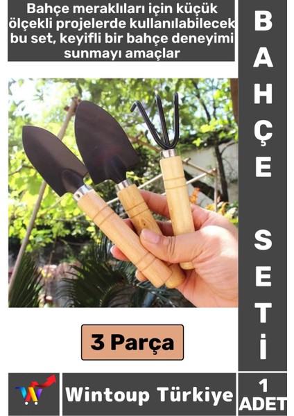 Kompakt Bahçe Hobi Piknik Kamp Toprak Düzenleme Kürek Ince Kürek Tırmık 3 Prça Mini Ahşap Bahçe Seti