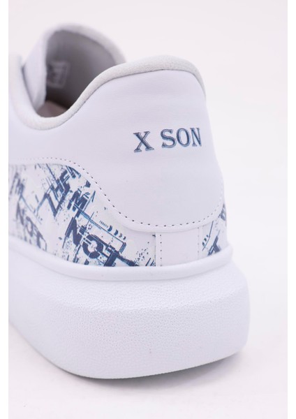 3D Dijital Baskı Erkek Beyaz- Lacivert Yazı Desenli Sneaker modelleri