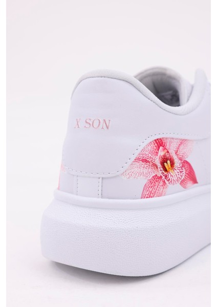 3D Dijital Baskı Kadın Beyaz- Sarı Çiçek Desenli Sneaker