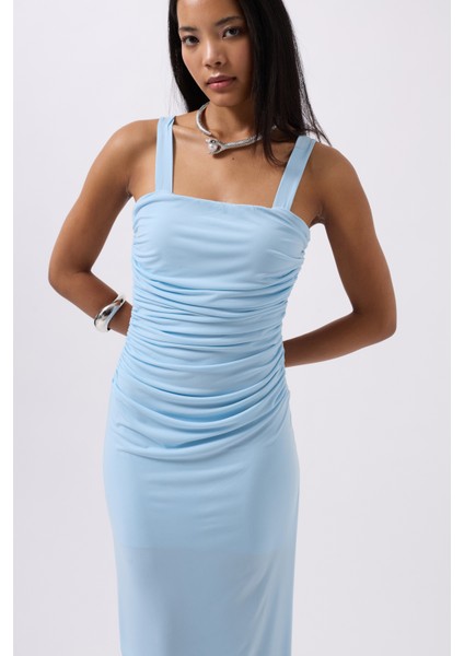 Yırtmaç Detay Sırt Dekolte Bebe Mavi Elbise