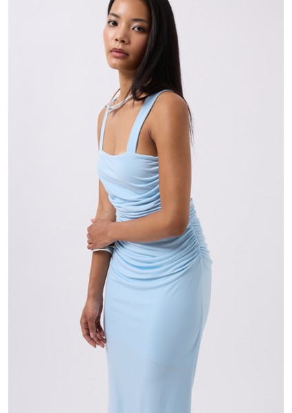 Yırtmaç Detay Sırt Dekolte Bebe Mavi Elbise modelleri