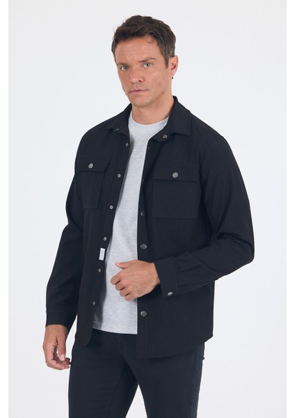 Çizgili Desen Gofreli Ayaklı Gömlek Yaka Astarsız Esnek Comfort Fit Mont 1007250117