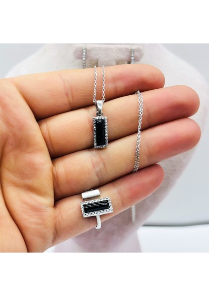 Oltu Taşı Işçilikli 925 Ayar Gümüş Kolye Küpe Yüzük
