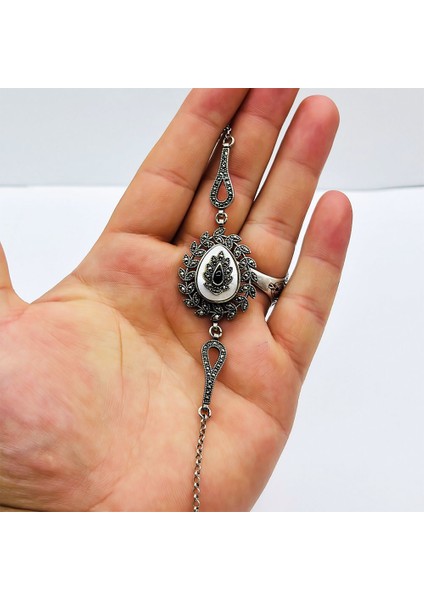 Damla Model 925 Ayar Gümüş Sedef ve Oltu Taşı Bileklik fiyatları